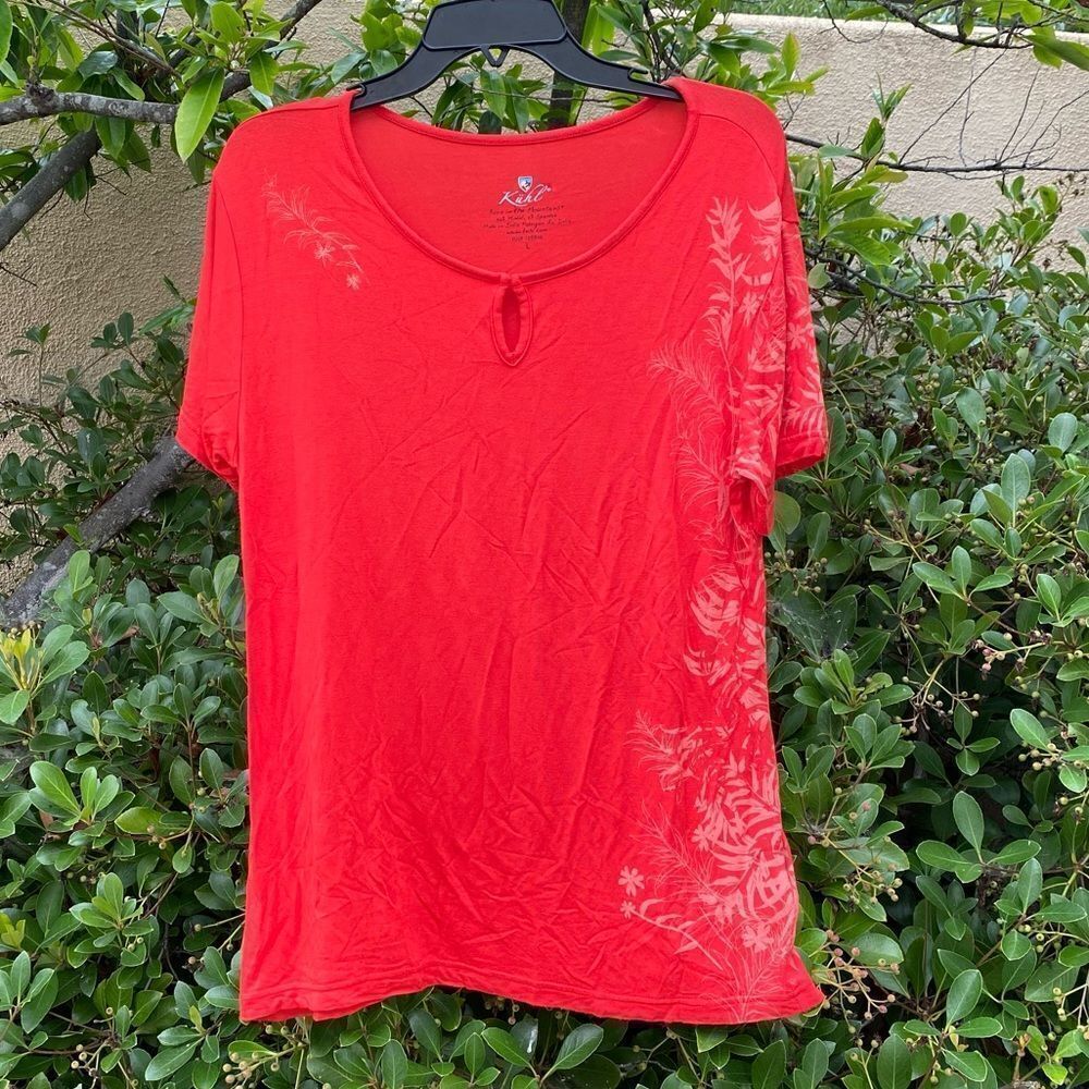 Kuhl Short Sleeve Keyhole Shirt Womens Orange Floral Pattern Top. Large